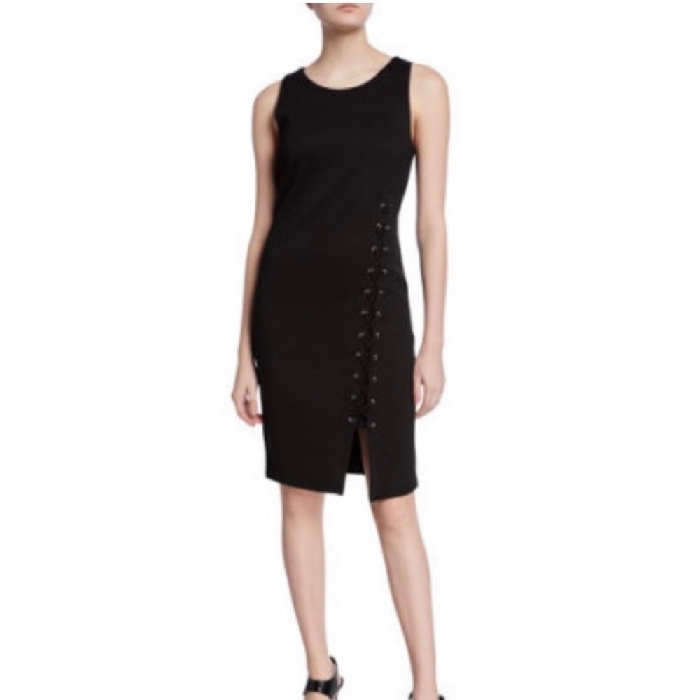 🤗NWT T Tahari black fitted dress with lace up leg detail, mid length, siz…